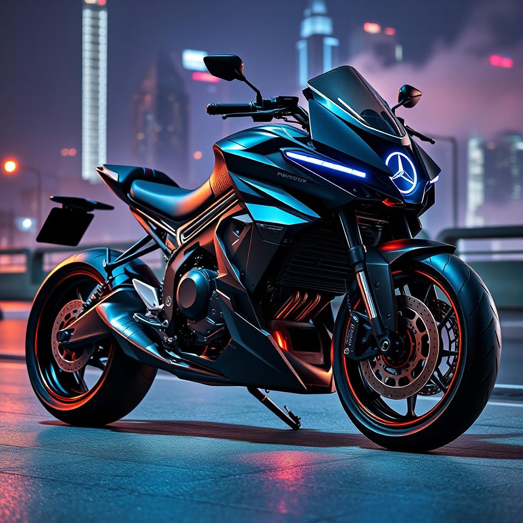 A striking, futuristic Mercedes motorcycle with a brutal design, featuring sharp angles and an aggressive silhouette, combining advanced technology with an avant-garde aesthetic