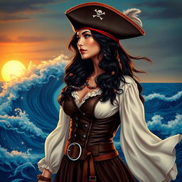 A striking pirate woman in a side profile, looking to the upper left side