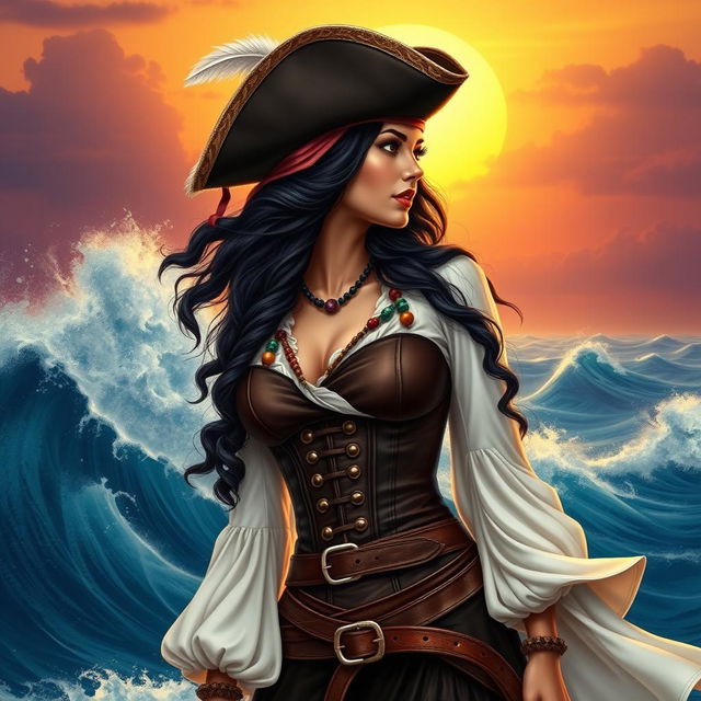 A striking pirate woman in a side profile, looking to the upper left side