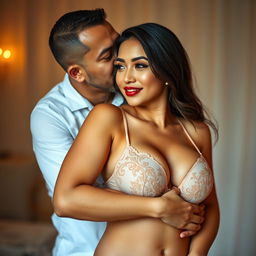 A 39-year-old Indonesian man with pure white skin is hugging a stunning 28-year-old woman from behind, kissing her cheek affectionately