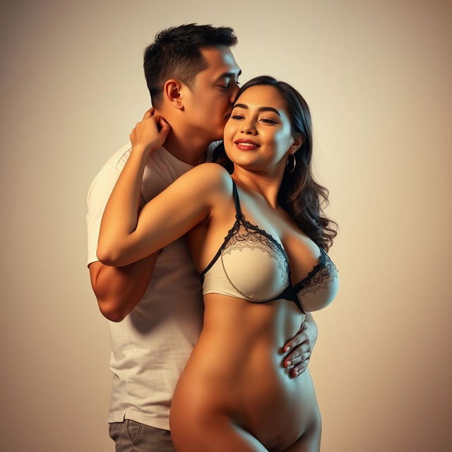 A 39-year-old Indonesian man with pure white skin is hugging a stunning 28-year-old woman from behind, kissing her cheek affectionately