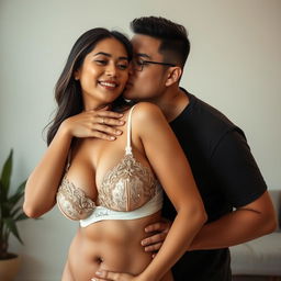 A 39-year-old Indonesian man with pure white skin is hugging a stunning 28-year-old woman from behind, kissing her cheek affectionately