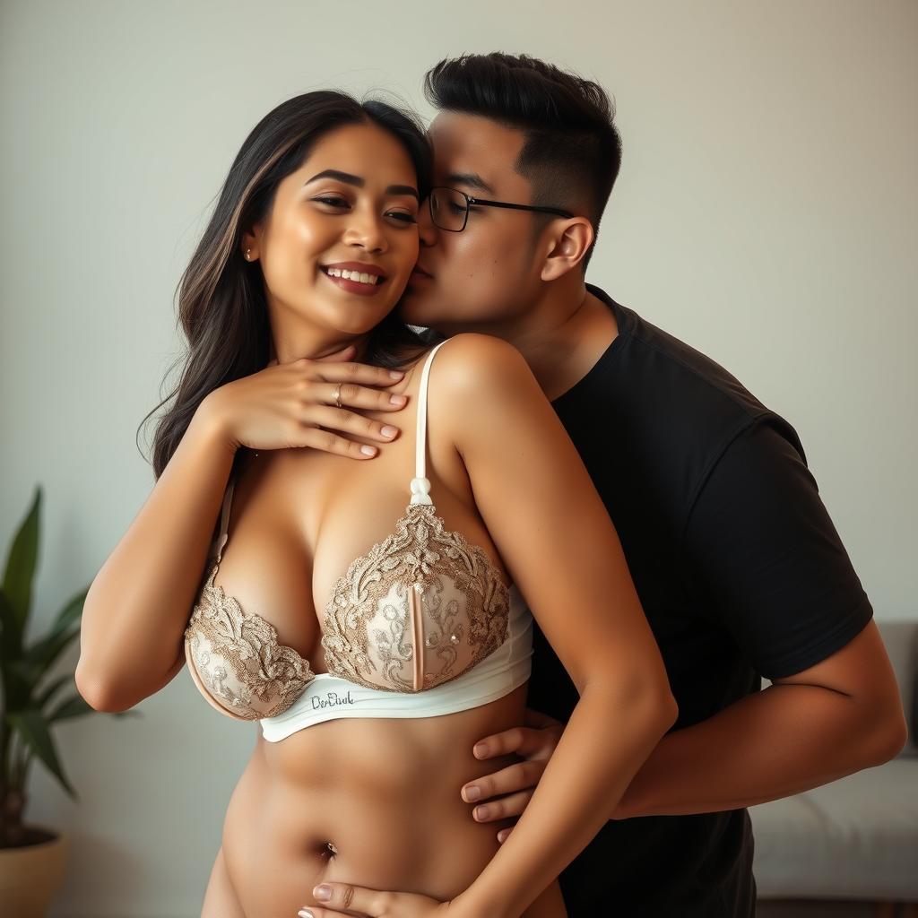 A 39-year-old Indonesian man with pure white skin is hugging a stunning 28-year-old woman from behind, kissing her cheek affectionately