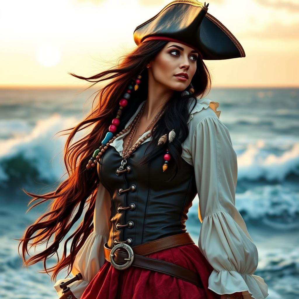 A captivating pirate woman in a side profile, looking towards the top left side