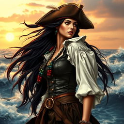 A captivating pirate woman in a side profile, looking towards the top left side