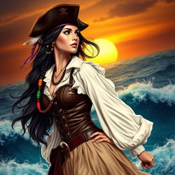 A captivating pirate woman in a side profile, looking towards the top left side