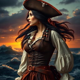 A captivating pirate woman in a side profile, looking towards the top left side