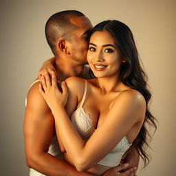 A 39-year-old Indonesian man with pure white skin is embracing a beautiful 28-year-old woman from behind, kissing her cheek affectionately