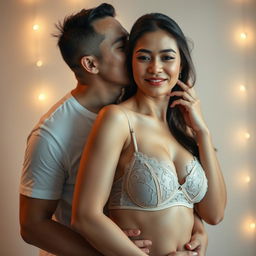 A 39-year-old Indonesian man with pure white skin is embracing a beautiful 28-year-old woman from behind, kissing her cheek affectionately