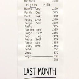 A photograph of a realistic receipt, with clearly printed items and prices, featuring a typical grocery list including items like bread, milk, eggs, and vegetables