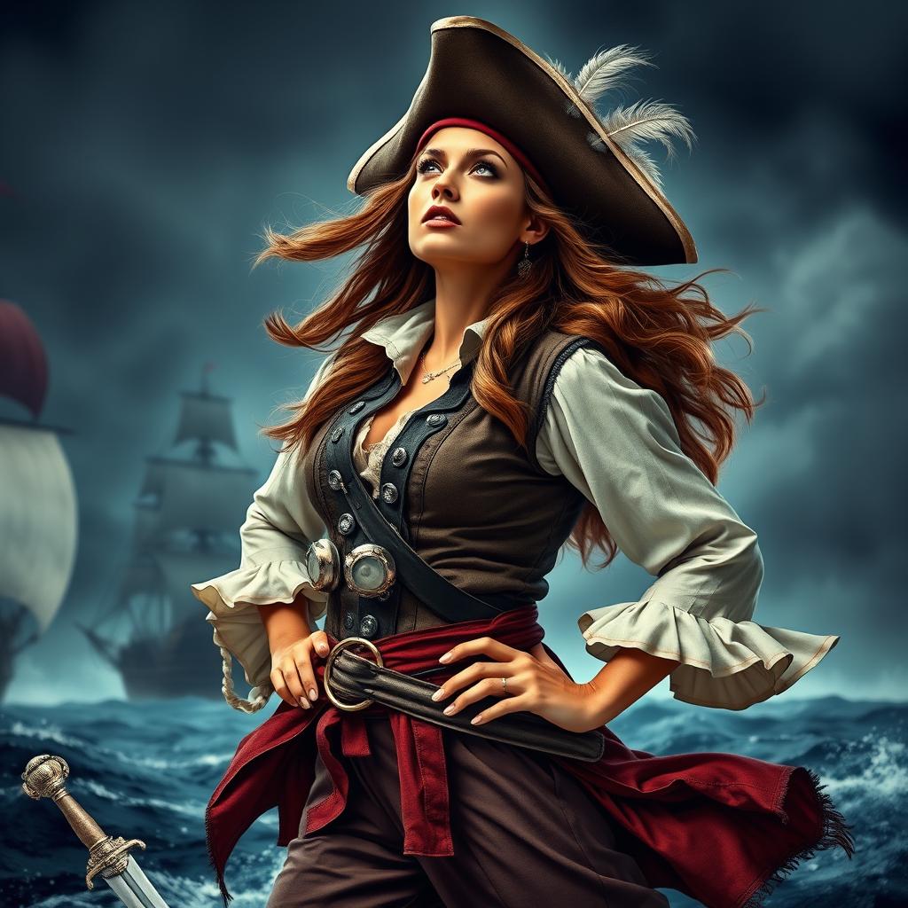 A fierce pirate woman, dressed in a detailed, authentic pirate outfit featuring a tri-corner hat adorned with feathers, a leather vest, and flowing trousers