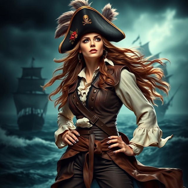 A fierce pirate woman, dressed in a detailed, authentic pirate outfit featuring a tri-corner hat adorned with feathers, a leather vest, and flowing trousers