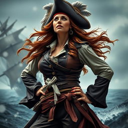 A fierce pirate woman, dressed in a detailed, authentic pirate outfit featuring a tri-corner hat adorned with feathers, a leather vest, and flowing trousers