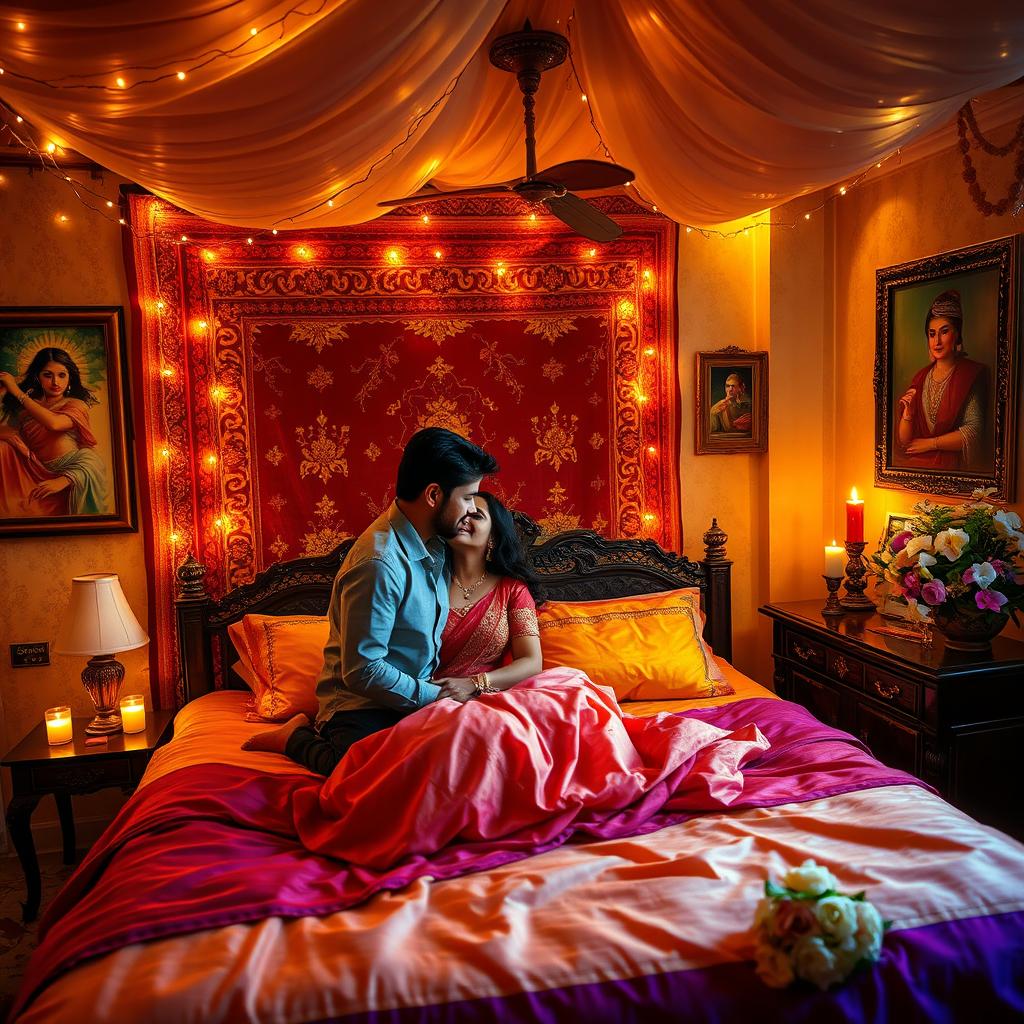 A cozy Indian bedroom scene infused with romantic vibes, featuring a king-sized bed adorned with colorful silk bedding and plush pillows