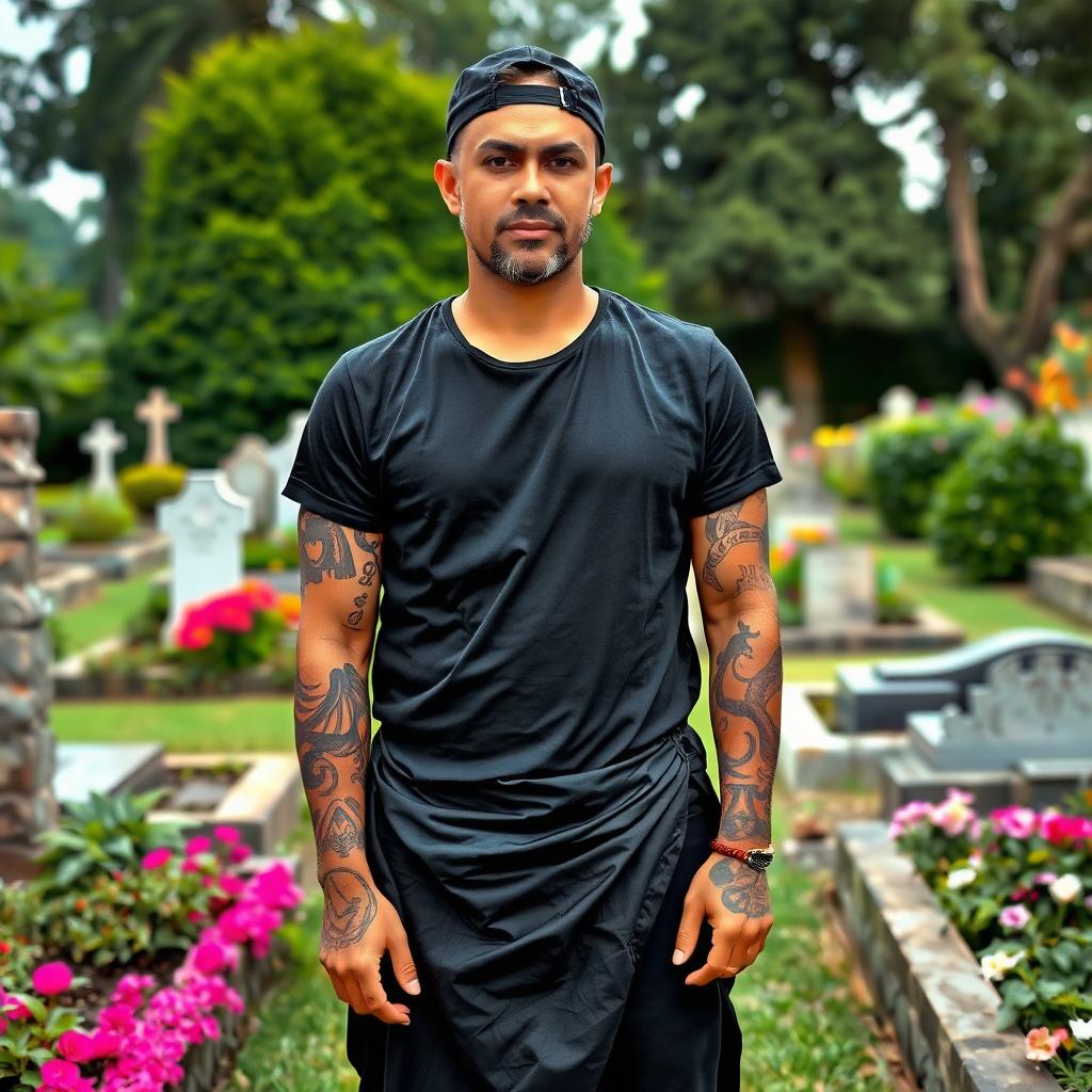 A man wearing a black sarong, black t-shirt, and black cap stands in a cemetery garden