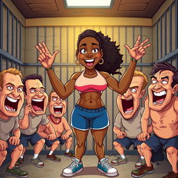 A surreal scene featuring a full-body representation of a strong female athlete inspired by Serena Williams, depicted in a playful and exaggerated cartoon style