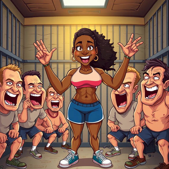 A surreal scene featuring a full-body representation of a strong female athlete inspired by Serena Williams, depicted in a playful and exaggerated cartoon style