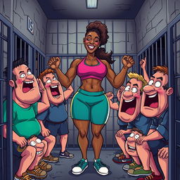 A surreal scene featuring a full-body representation of a strong female athlete inspired by Serena Williams, depicted in a playful and exaggerated cartoon style