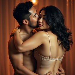 A 39-year-old Indonesian man with pure white skin embraces a beautiful 28-year-old woman from behind, kissing her cheek affectionately