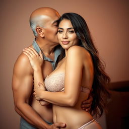 A 39-year-old Indonesian man with pure white skin embraces a beautiful 28-year-old woman from behind, kissing her cheek affectionately