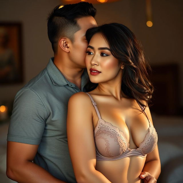 A 39-year-old Indonesian man with pure white skin embraces a beautiful 28-year-old woman from behind, kissing her cheek affectionately