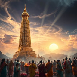 A captivating image symbolizing idolatry, featuring a towering ancient statue made of gold and adorned with intricate jewels