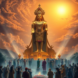 A captivating image symbolizing idolatry, featuring a towering ancient statue made of gold and adorned with intricate jewels