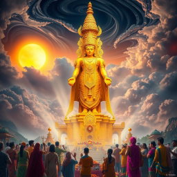 A captivating image symbolizing idolatry, featuring a towering ancient statue made of gold and adorned with intricate jewels