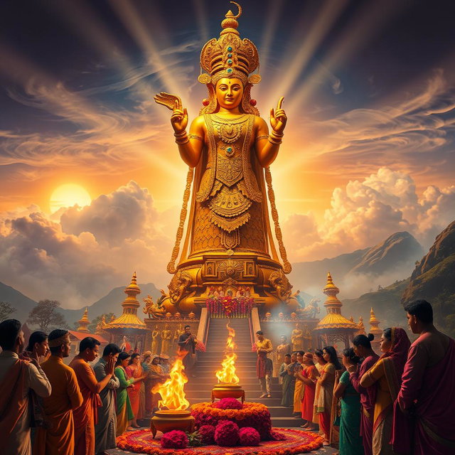 A captivating image symbolizing idolatry, featuring a towering ancient statue made of gold and adorned with intricate jewels