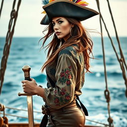 A captivating pirate woman, depicted from the left side, gazing determinedly towards the top left
