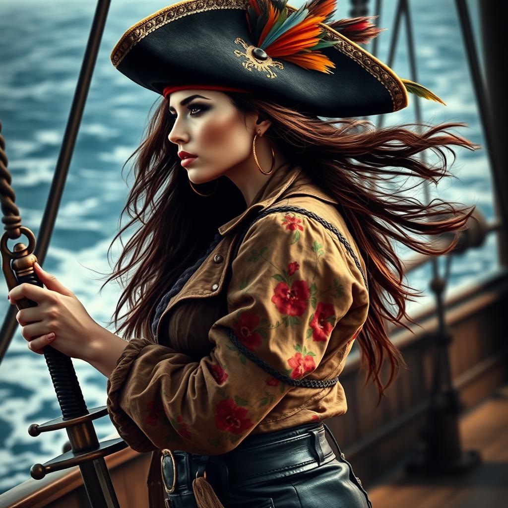 A captivating pirate woman, depicted from the left side, gazing determinedly towards the top left
