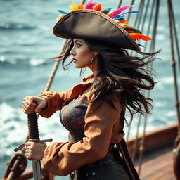 A captivating pirate woman, depicted from the left side, gazing determinedly towards the top left