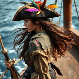 A captivating pirate woman, depicted from the left side, gazing determinedly towards the top left