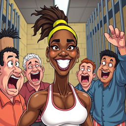 A hyper-realistic depiction of a powerful female athlete inspired by Serena Williams, displayed in a playful and exaggerated cartoon style