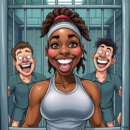 A hyper-realistic depiction of a powerful female athlete inspired by Serena Williams, displayed in a playful and exaggerated cartoon style