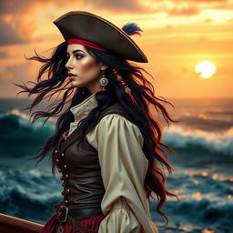 A captivating pirate woman depicted from the left side, looking to the top left side with a determined gaze