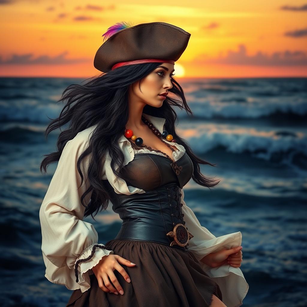 A captivating pirate woman depicted from the left side, looking to the top left side with a determined gaze