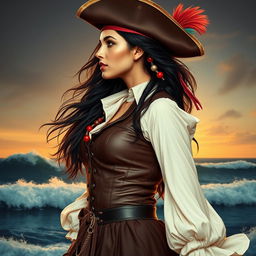 A captivating pirate woman depicted from the left side, looking to the top left side with a determined gaze