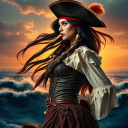 A captivating pirate woman depicted from the left side, looking to the top left side with a determined gaze
