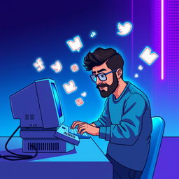 A pixel art scene depicting a futuristic digital environment with a realistic touch, featuring an old-fashioned computer on a minimalist desk