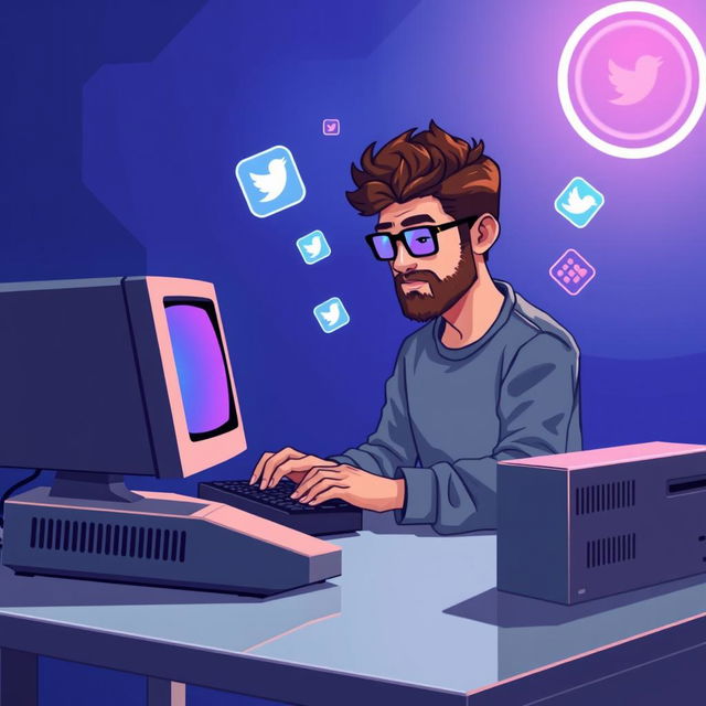 A pixel art scene depicting a futuristic digital environment with a realistic touch, featuring an old-fashioned computer on a minimalist desk