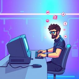 A pixel art scene depicting a futuristic digital environment with a realistic touch, featuring an old-fashioned computer on a minimalist desk