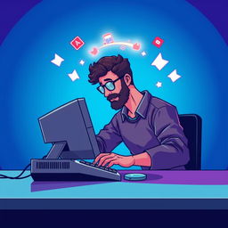 A pixel art scene depicting a futuristic digital environment with a realistic touch, featuring an old-fashioned computer on a minimalist desk