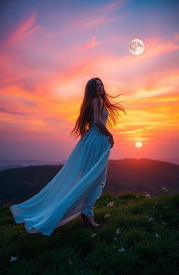 A beautiful woman standing on a hilltop at sunrise, with vibrant hues of orange, pink, and purple filling the sky, and a glowing moon still visible in the blue expanse above