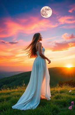 A beautiful woman standing on a hilltop at sunrise, with vibrant hues of orange, pink, and purple filling the sky, and a glowing moon still visible in the blue expanse above