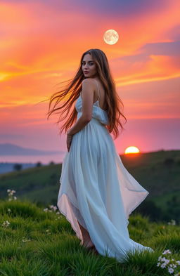 A beautiful woman standing on a hilltop at sunrise, with vibrant hues of orange, pink, and purple filling the sky, and a glowing moon still visible in the blue expanse above