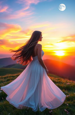 A beautiful woman standing on a hilltop at sunrise, with vibrant hues of orange, pink, and purple filling the sky, and a glowing moon still visible in the blue expanse above