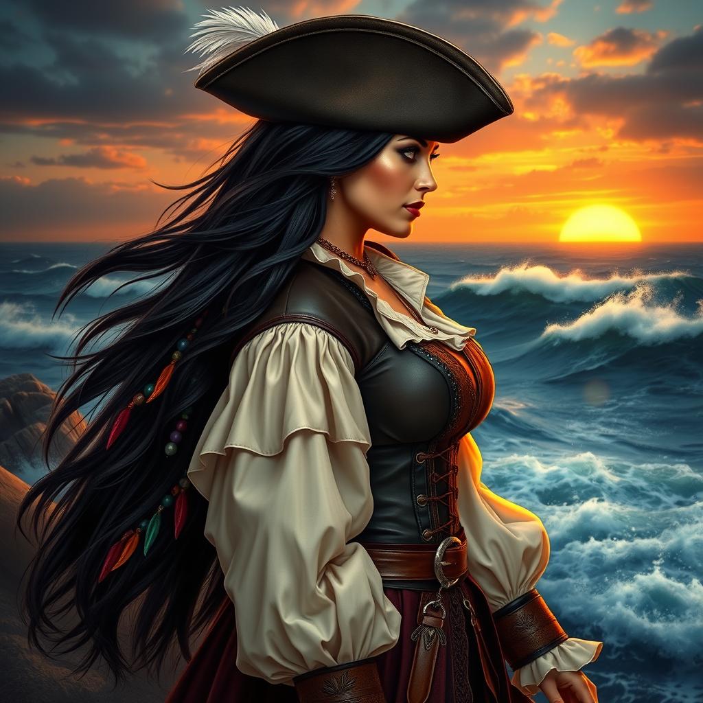 A fierce pirate woman portrayed from the left side, gazing towards the top left side with a confident expression