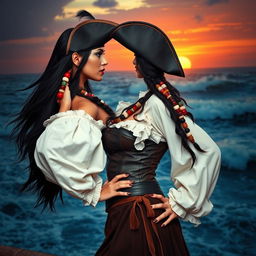 A fierce pirate woman portrayed from the left side, gazing towards the top left side with a confident expression