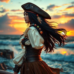 A fierce pirate woman portrayed from the left side, gazing towards the top left side with a confident expression